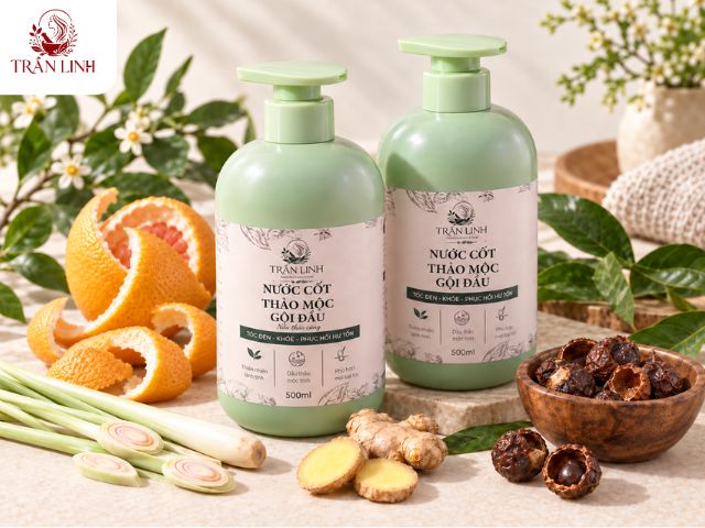 Nước cốt thảo mộc gội đầu Trần Linh nấu thủ công từ bồ kết, bưởi, sả, gừng và thảo mộc tự nhiên.